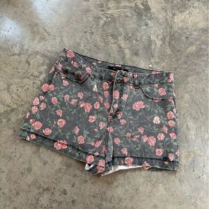 Black Floral Denim Shorts